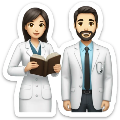 husband american man with dark brown hair and trimmed beard wearing a business suit holding a bible, wife to woman asian middle age with black shoulder length hair wearing a nurse uniform sticker