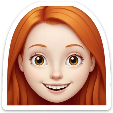 traditional emoji of young girl with very pale skin, long straight bright ginger red hair, very big wide human eyes positioned close together, wide nose, big smile with extremely large prominent teeth showing, classic round face sticker