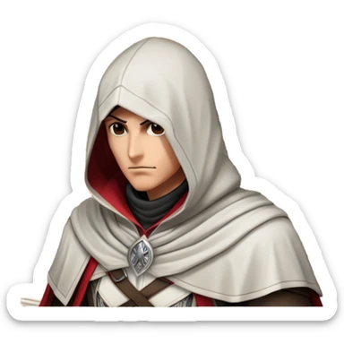 icon featuring Assasin's Creed in an iconic assassin's hood, standing tall against the backdrop of Florence. The design captures the essence of adventure, with intricate details of historical architecture and a sense of mystery. The character is poised, ready for action. transparent background. sticker