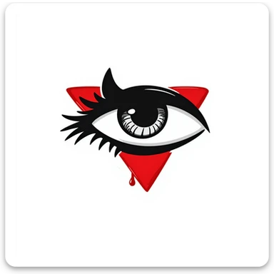 Make the eye inside the blood-red triangle more menacing, with sharp features, intense gaze, and a sinister aura, in black doodle style. sticker