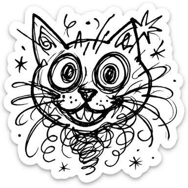 chaotic outlined icon of a cat with exaggerated, wild features sticker