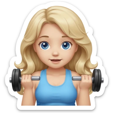 Kawaii emoji girl with big  blue glossy eyes, long wavy dirty blonde hair, happy expression, holding a dumbell, chubby cheeks, soft pastel colors, cozy and sweet aesthetic, clean background. sticker