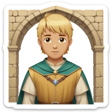 "Medieval summer outfit worn by a DnD themed fantasy male character. Character has golden blonde hair cut in a traditional page style, falling evenly just below the ears with a straight fringe across the forehead. sticker