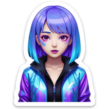 Cyberpunk Japanese girl with neon blue wig, holographic jacket, digital glitches effect, dark background with purple glow, iOS app icon style sticker