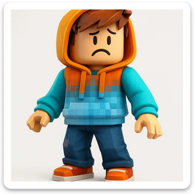 Edit the character in the reference image to have a confused expression, keeping the original Roblox style, outfit, and face color exactly as in the reference image. sticker