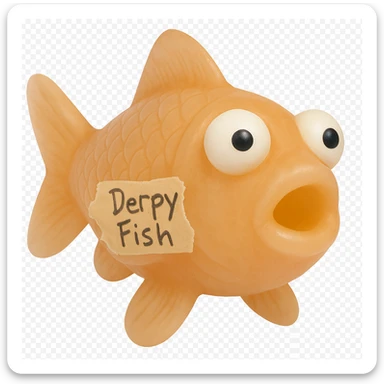 Soften the color of the bright orange fish, make the 'Derpy Fish' writing on the masking tape slightly more sloppy, and have the tape look torn and partially peeling off, not fully stuck on. Adjust the fish so it looks closer to facing the camera. The fish should be somewhat transparent with a retro 90's toy look, derpy eyes, soft plastic appearance, soft reflections, soft and squishy texture, some cloudiness, not shiny, highly detailed and appealing. The masking tape should look realistic, torn, and partially peeling off the fish. Remove the background. sticker