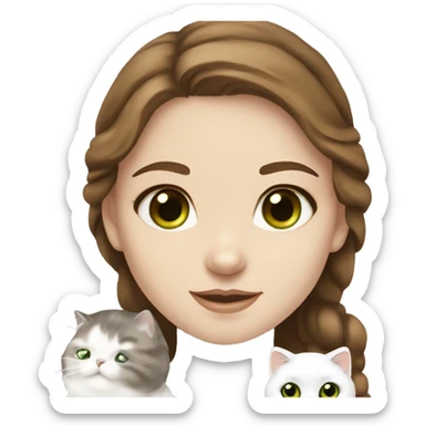 Girl brown hair and eyes European with white Scottish fold cat with green eyes   sticker