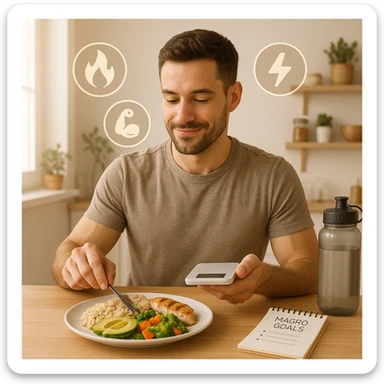 A fit man in his early 30s, sitting calmly at a clean wooden kitchen table, adjusting his meal portions with intention. On the plate: whole grain rice, avocado slices, grilled chicken, and olive oil drizzled vegetables — slightly more than a normal serving, symbolizing a small caloric surplus. He’s holding a digital food scale and smiling slightly, showing confidence. Around him float clean icons of metabolism, muscle growth, and energy. Background: bright morning light, minimalistic kitchen with fitness and wellness elements (e.g. a water bottle, notepad with 'macro goals', and healthy food on shelves). Style: semi-realistic, lifestyle photography look, warm tones, high detail sticker