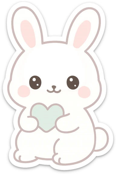Kawaii style illustration of a bunny with white fur holding a heart, cute expression, pastel colors, soft outlines, no background (transparent) sticker