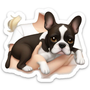 pale white skinned girl with medium dark brown wavy hair holding a brown and white and black french bulldog puppy  sticker