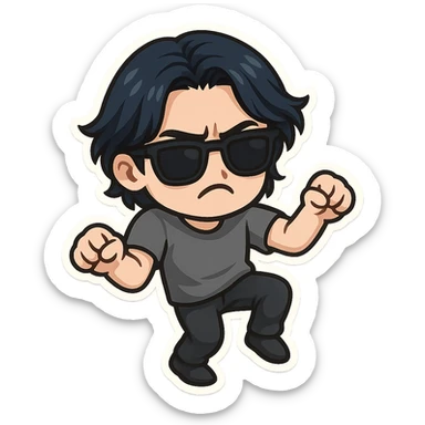 a dark brooding hipster with electric dark blue hair, surfer middle part, chin length hair, black classic rayban shades, plain gray t-shirt, doing the gimmie dance, maniac dance, 1980's dance sticker