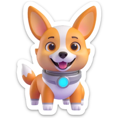 cute dog robot with pointy corgi-like ears, soft rounded body, glowy eyes and joints, friendly futuristic vibe, playful, slightly cartoonish, colorful with glowy accents, highly expressive face and posture, reaction laughing sticker