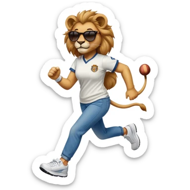 confident anthropomorphised female lion wearing a baseball shirt, jeans, trainers, dark sunglasses, jogging upright, looking self-assured sticker