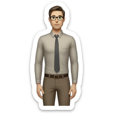 Full height Pale skinned fit man with dark brown hair in gray jacket, beige office shirt, brown tie, brown pants and vintage glasses. His right hand stretched out sticker