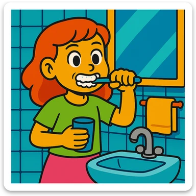Change the scene so the girl is brushing her teeth, holding a toothbrush and brushing her teeth, with a bathroom background instead of the closet, in the same vibrant toon cartoon style. sticker