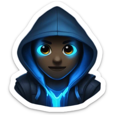 developer behind his laptop with this style : Riot Games Valorant dark blue glowing bright neon blue sparks black hooded assassin themed character sticker