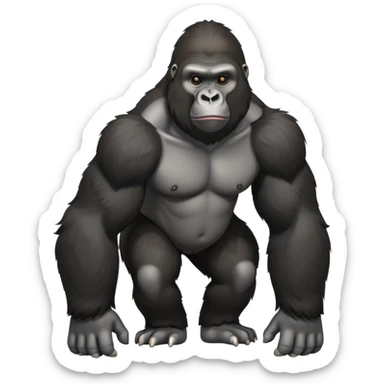 cinematic-friendly relaxed gorilla-realistic-full-body-crouched on all fours-emoji,-poised-with-confidence,-massive-arms-hanging-slightly-forward,-head-tilted-thoughtfully,-thick-black-fur,-deep-dark-eyes-full-of-intelligence,-simplified-yet-realistic sticker