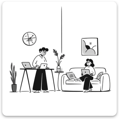 escenary 3d of a cozy mid-century living room with two people working on laptops, one man standing at a desk and one woman sitting on a couch, two walls and floor visible sticker