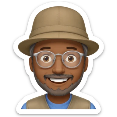 Brown man smiling no teeth showing with hat, clear glasses and gray goatee sticker
