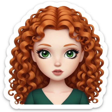 curly long ginger hair, pale skin, dark green eyes, pretty bratz baddie, black eyeliner, blush sticker