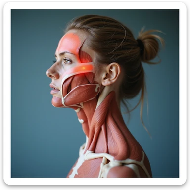 realistic anatomical standing view of a woman with head and neck muscles highlighted, reddened head area, headache expression, clinical environment sticker