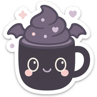 kawaii style gothic mocha, cute face on a black mug, dark purple whipped cream, tiny bat wings, pastel accents, playful yet spooky sticker