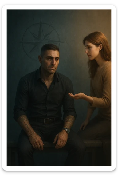 Uomo tra i 35 e i 45 anni seduto su una panchina o in una stanza tranquilla, sguardo rilassato ma spento, come sollevato nel mentale ma svuotato nello spirito. Davanti a lui una donna lo guarda con dolcezza, mano tesa come per offrire una soluzione. L’ambiente attorno all’uomo è grigio-bluastro, con la sua aura maschile che si dissolve leggermente, mentre intorno alla donna una luce calda e stabile. Sullo sfondo, un simbolo spezzato di bussola o direzione, a indicare la perdita di leadership interiore. Atmosfera riflessiva, stile realistico con simbolismi delicati sticker