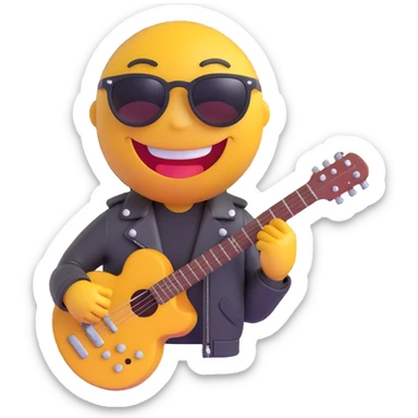 3D smiley emoji, round shape, rocker motorcyclist: with guitar, leather jacket, sunglasses, funny face sticker