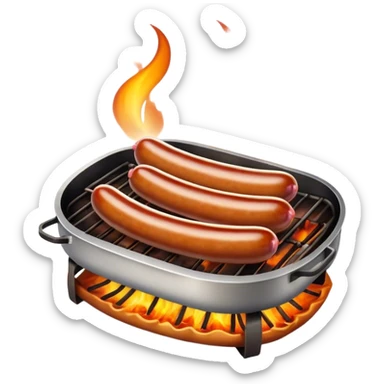 Cinematic Realistic Sausage Sizzle Dish Emoji, featuring sizzling sausages cooking over an open flame rendered with dynamic textures and warm, smoky lighting. sticker