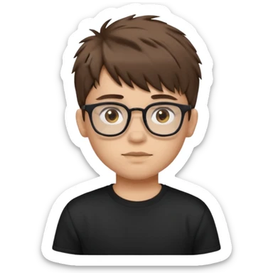 Create a emoji of a boy with brown messy fringe with mid fade hair brown eyes ,rectangular glasses and black t-shirt sticker