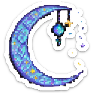 Night Life Universal logo, pixel art style, crescent moon and stars sticker