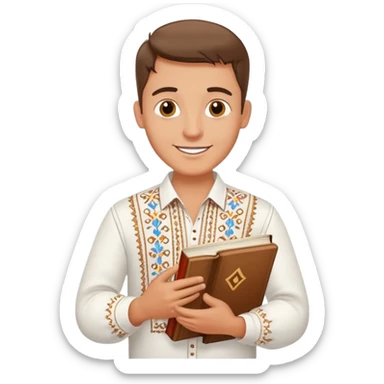 a happy guy in a white Ukrainian embroidered shirt, holding a book of music in his hand sticker