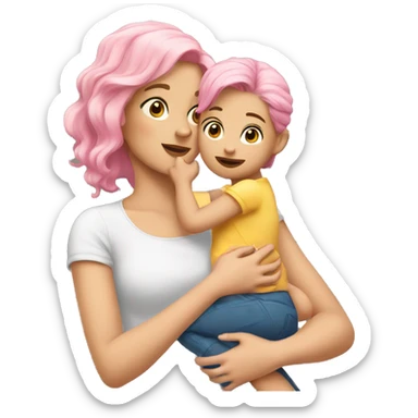 A blonde girl with pink hair holds a daughter with dark hair in her arms sticker
