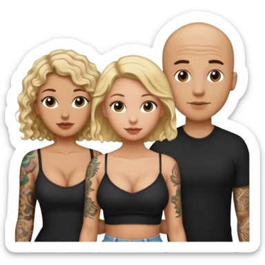 throuple tattooed bald boyfriend with long blonde hair female and another curly short haired brunette big boobs sticker