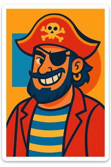 pirate with a smirk, eye patch, striped shirt, playful grin, vibrant toon style sticker