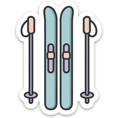 cross-country skis standing upright with poles close to skis on the sides, detailed shading, thin clean outlines, soft rounded features, pastel palette #98B5BC #B5B3C1 #C9A3C9 #E4C0CA #F7DCD1 #F7C0AA, Japanese pop art, sticker look, highly detailed, vector clarity, soft lighting, subtle shadows, transparent background sticker