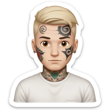 white man with face tattoo, neutral expression, wearing a white t-shirt sticker