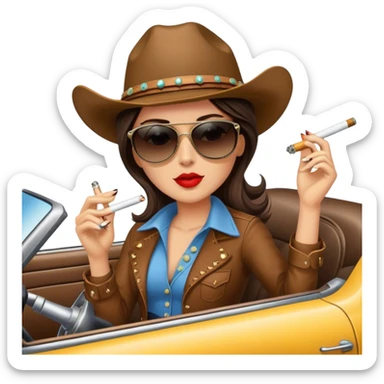 Brunette Cowgirl wearing sunglasses, smoking a cigarette and driving sticker