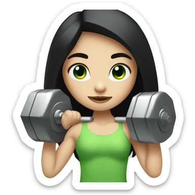 Pale girl with long black hair and green eyes lifting weights sticker