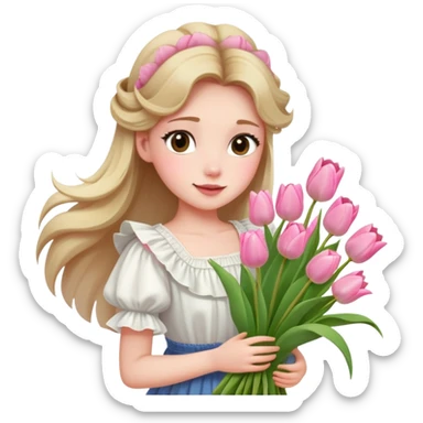  A girl with a half-up half-down hairstyle, and a white ruffled top, enjoying the spring breeze.Holding a bundle of pink tulips sticker