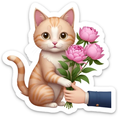 Cute cat Handing pink peonies like reaching a hand and handing them out a bouquet of them with a couquette sticker