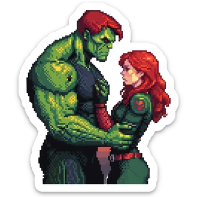 Hulk and Black Widow lullaby scene, Black Widow with red hair calming down the green Hulk, sun's getting real low gesture, Hulk transforming back sticker