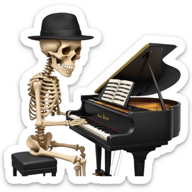a human skeleton in anatomical proportion wears a black hat and plays the piano sticker