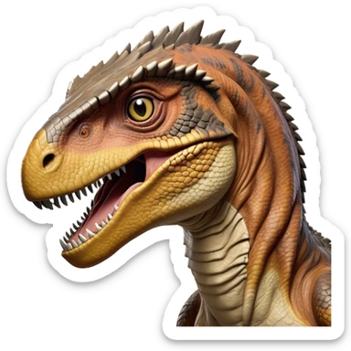 Cinematic Realistic Noble velociraptor/T-rex Portrait Emoji, Poised and imposing, with a massive, muscular build and a rugged, intricately scaled hide in ancient earthy tones, a sharply defined, fearsome head with piercing, primal eyes rendered in lifelike detail, high shine, intelligent and formidable, styled with an air of prehistoric authority, focused and attentive, soft glowing outline, capturing the essence of a watchful and confident velociraptor/T-rex that appears ready to roar out of the screen with timeless power! sticker