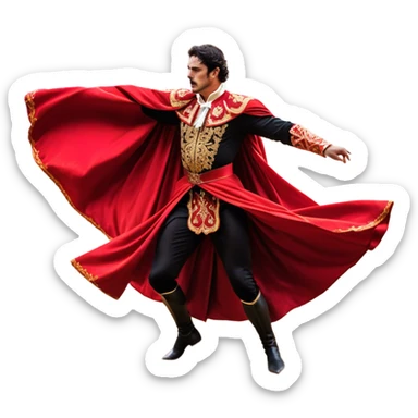 ​Cinematic Realistic Spanish Matador Holding a Red Cape, depicted in mid-action with a vibrant red cape flowing in the wind, dressed in an ornate traje de luces with shimmering details, confronting a charging bull in a dramatic arena, rendered with dynamic motion blur and vivid, high-contrast lighting, sticker