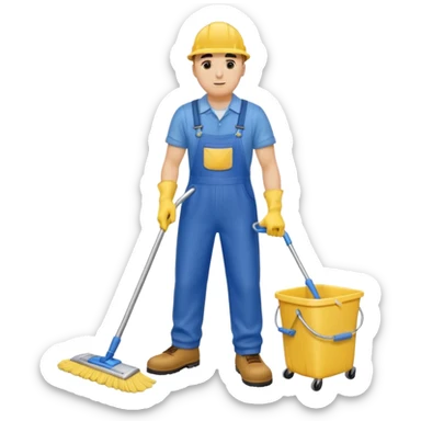 Custodian with yellow rubber gloves, blue overalls, mopping floor sticker