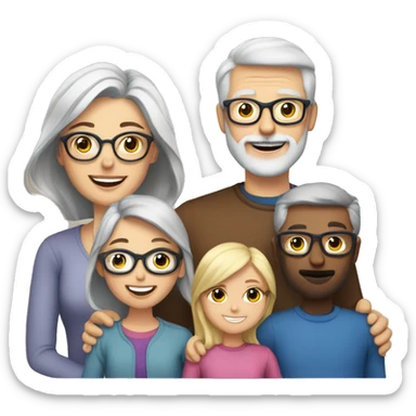 family with a mom that has grey hair and glasses, a dad with blonde hair, glasses and a beard, and two young adult daughters with brown hair sticker
