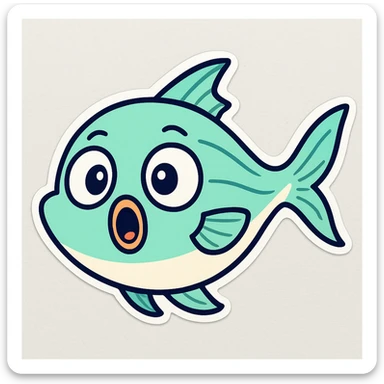 Create a cutesy fish with a surprised expression in a cartoonish sticker style. Emphasize wide eyes and an open mouth to convey surprise, keeping the design cute and playful. sticker