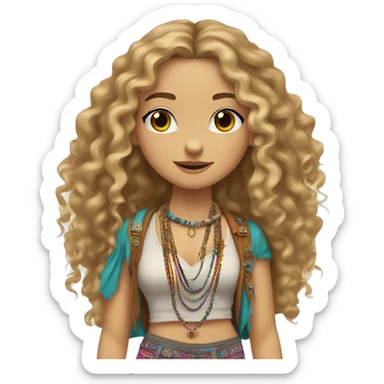 Caucasian hippie girl with curly dirty blonde hair, hazel eyes, baggy colorful pants and a tank top, LOTS OF bohemian bracelets and jewelry sticker
