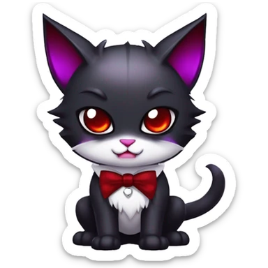 Cute-Evil-Vampiric-Batty-Cat-Black-Purple-Red-White-Contrast-Colors-Fantasy-Fur-Sona-Chibi-Shiny-Fakémon-Hybrid with horns and big fangs neck bow white tie leg spats full body sticker